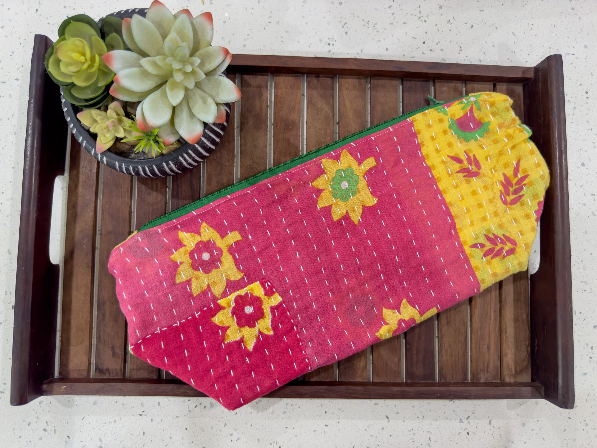 Handmade extra large Kantha cosmetic bag with vibrant saree patterns, perfect for fitting all your to-go items in one stylish, spacious bag for travel or daily use.