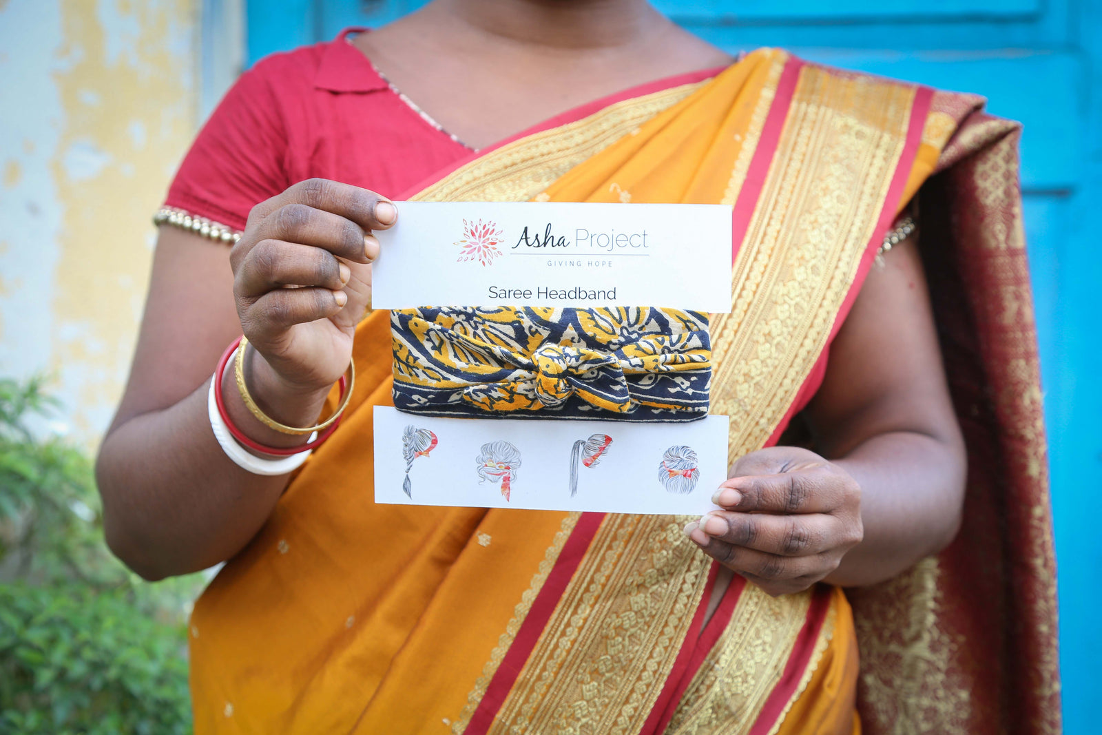 Handmade saree headband with vibrant patterns and traditional stitching, perfect for adding a stylish, eco-friendly touch to your hair for any occasion.
