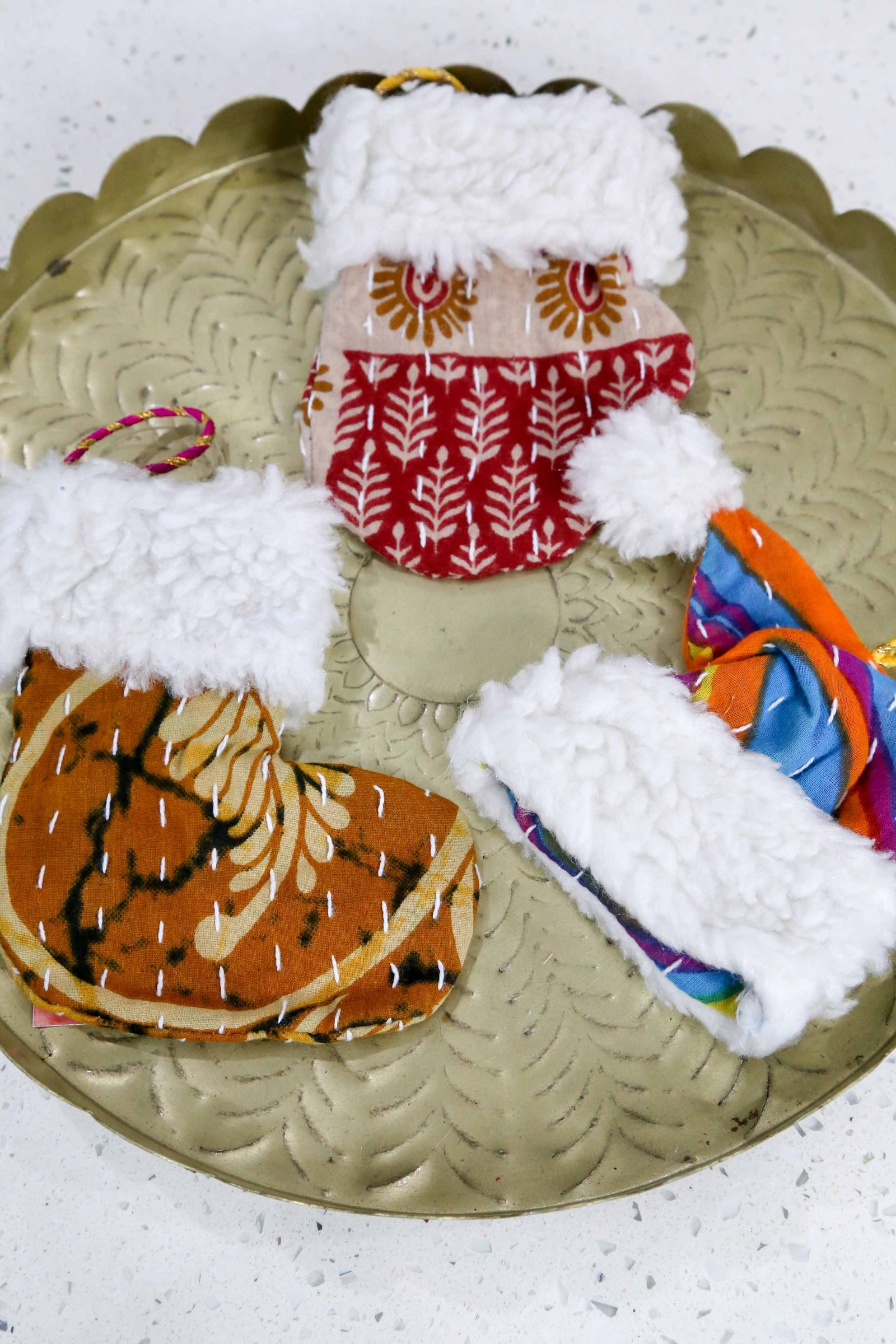 Kantha Mit, Stocking, Santa Hat Ornament Set