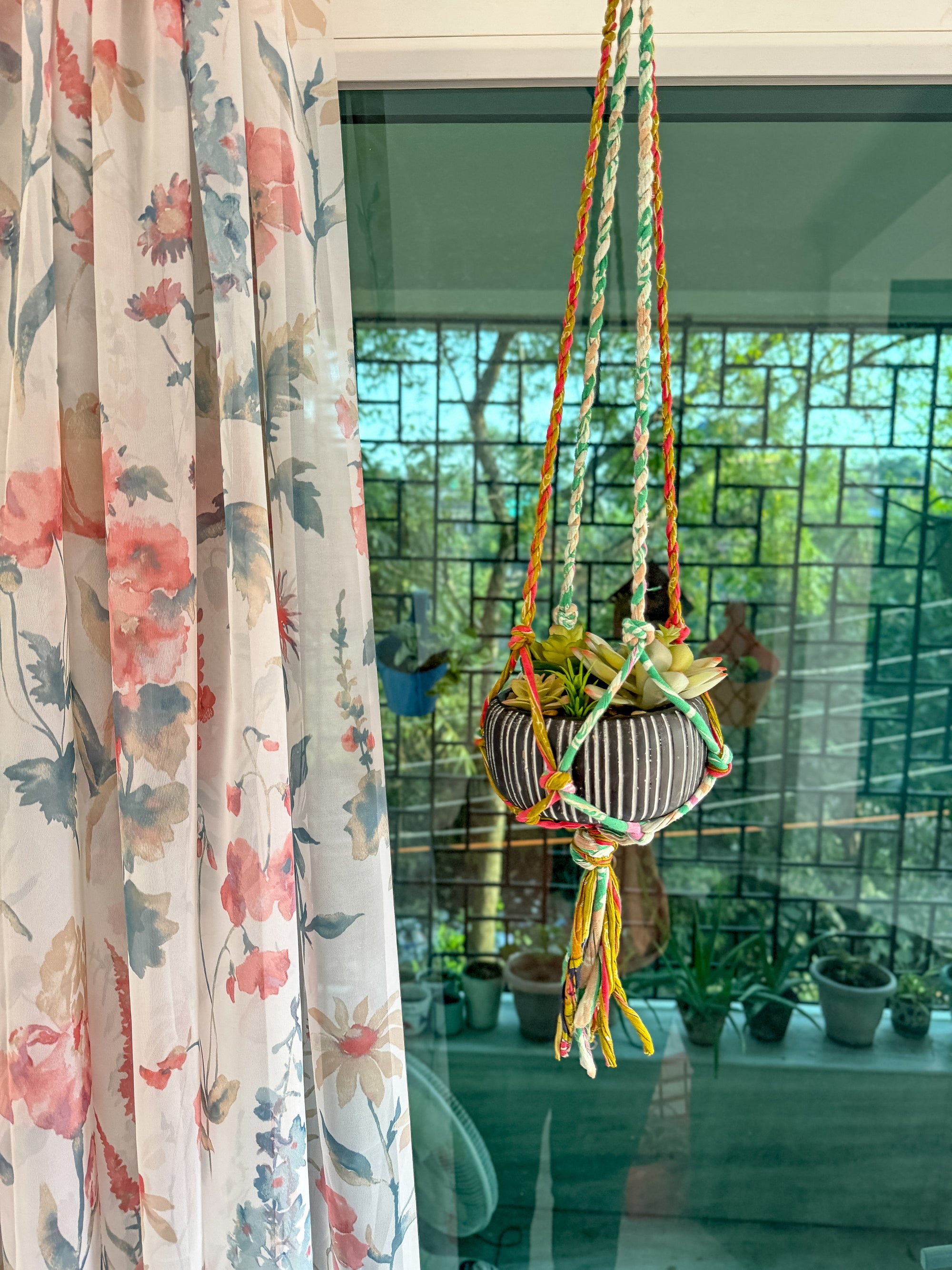 a hanging planter in front of a window