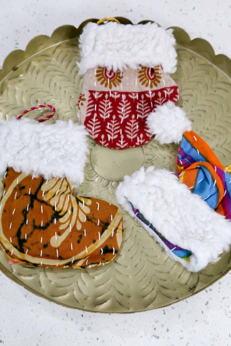 Kantha Mit, Stocking, Santa Hat Ornament Set - Asha Project Kantha - Saree - Handmade