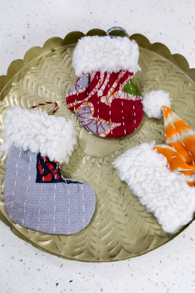 Kantha Mit, Stocking, Santa Hat Ornament Set - Asha Project Kantha - Saree - Handmade