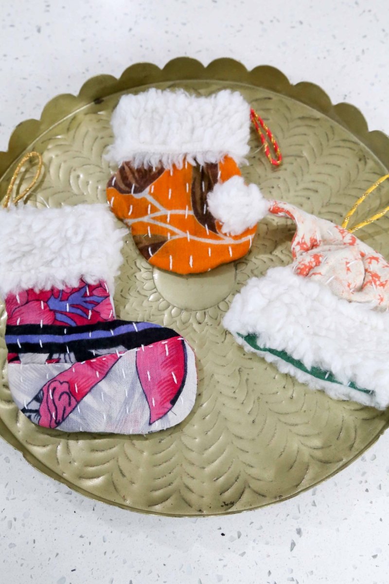 Kantha Mit, Stocking, Santa Hat Ornament Set - Asha Project Kantha - Saree - Handmade