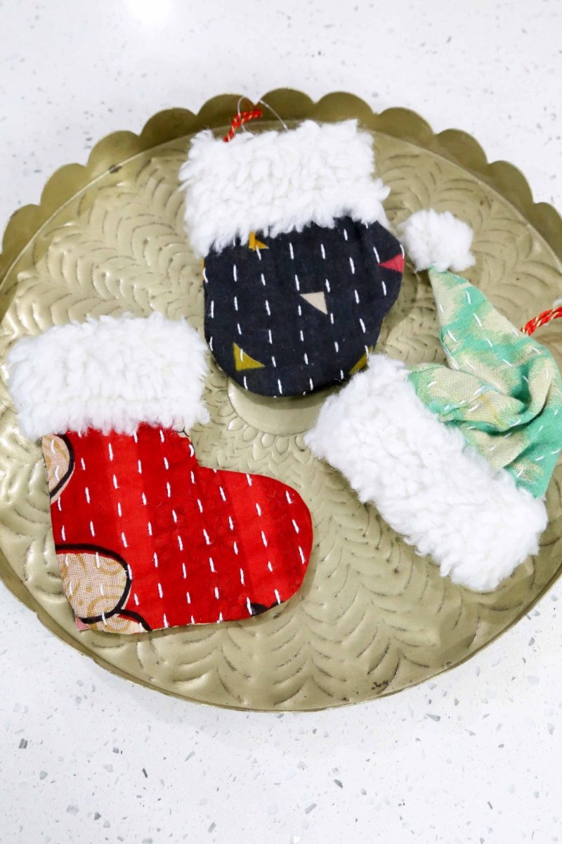 Kantha Mit, Stocking, Santa Hat Ornament Set - Asha Project Kantha - Saree - Handmade